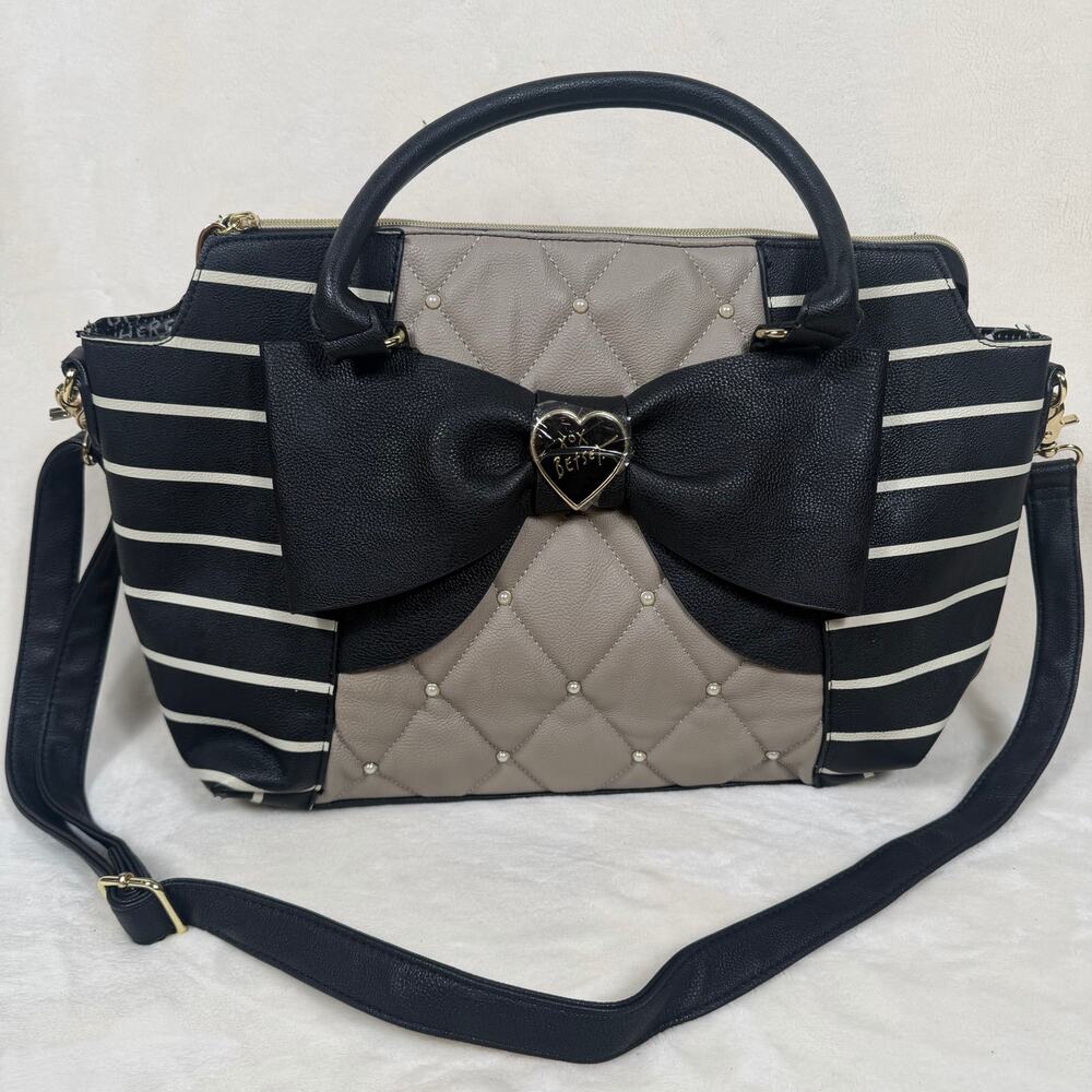 Betsey Johnson Bow Satchel Bag Black Tan Striped Quilted Coquette Crossbody